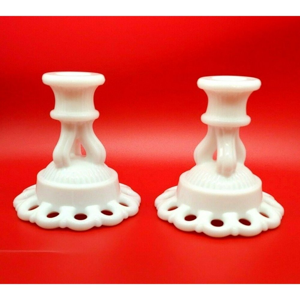 Vintage Westmorland Milk Glass Doric Lace Candlestick Holders 3 1/2" Tall